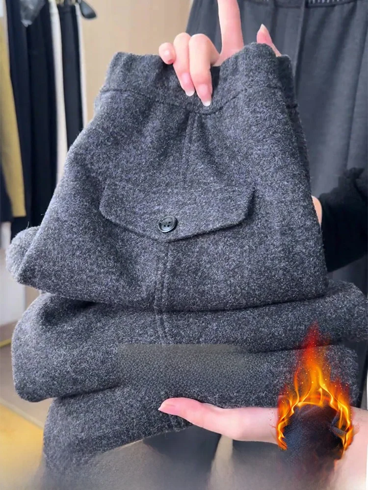 

Шерстяные брюки с глубокими глазами на подкладке, женские зимние шерстяные брюки с эластичной резинкой на талии больших размеров, повседневные брюки для поездок на работу, с высокой талией