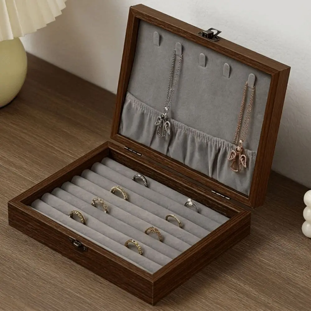 Walnut Wood Jewelry Organizer Box Hinged Lid Metal Latch Hanging Panel Dust-Proof Velvet Interior Glass Lid Velvet Lined