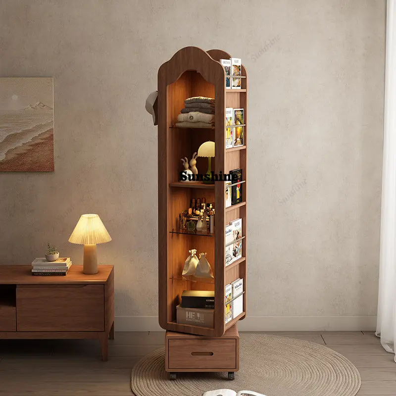 Solid wood rotating bookshelf full-body dressing mirror drops corner storage bookcase mirror integrated