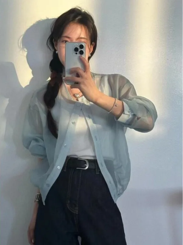 Summer Versatile Loose Thin Long Sleeve Silk Sun Protection Shirt Coat Women's Single Button Korean Style Outerwear Casual Wear