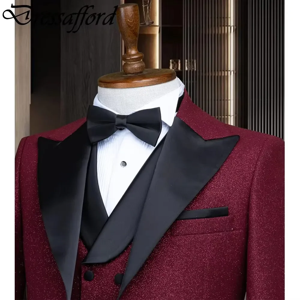 Red Glitter Crystal Evening Party Men Suits Three Pieces Blazer Groom Wear ( Jacket + Vest + Pants )