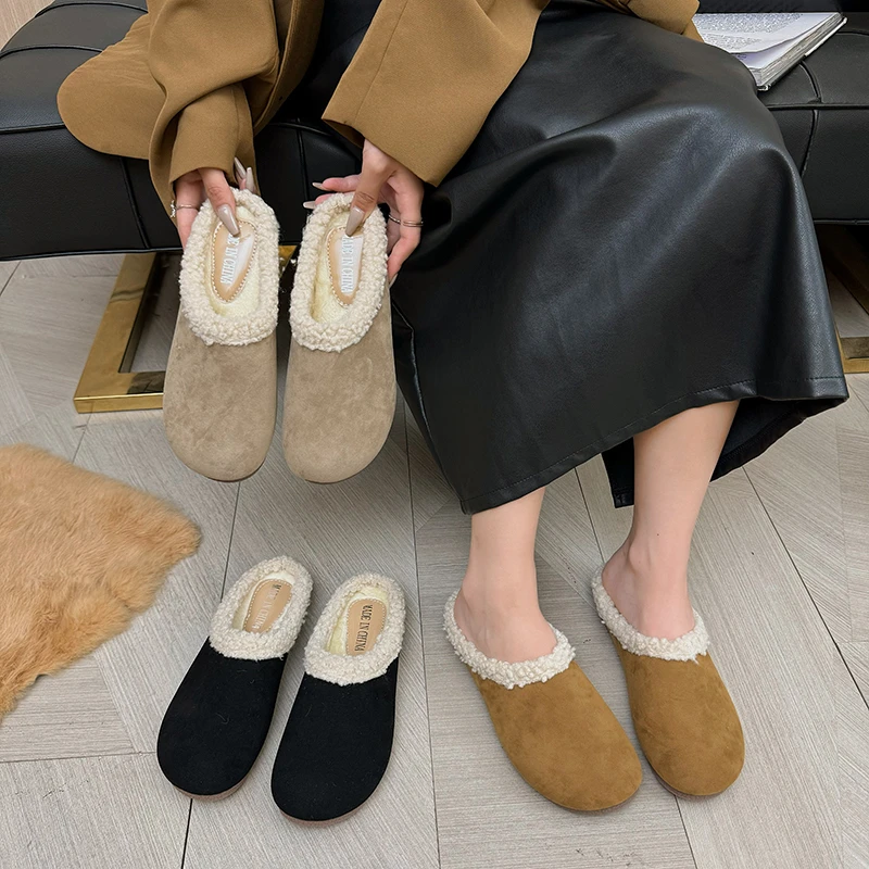 

2025 Fashion Fleece Lined Half Slippers Women's Retro Style Synthetic Leather Upper Rubber Sole Comfortable Half Slippers