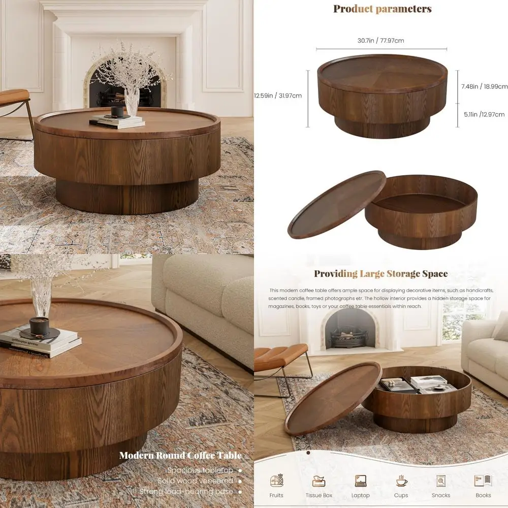 

Современный круглый журнальный столик ручной работы в деревенском стиле диаметром 30,7 дюйма с местом для хранения и съемной крышкой