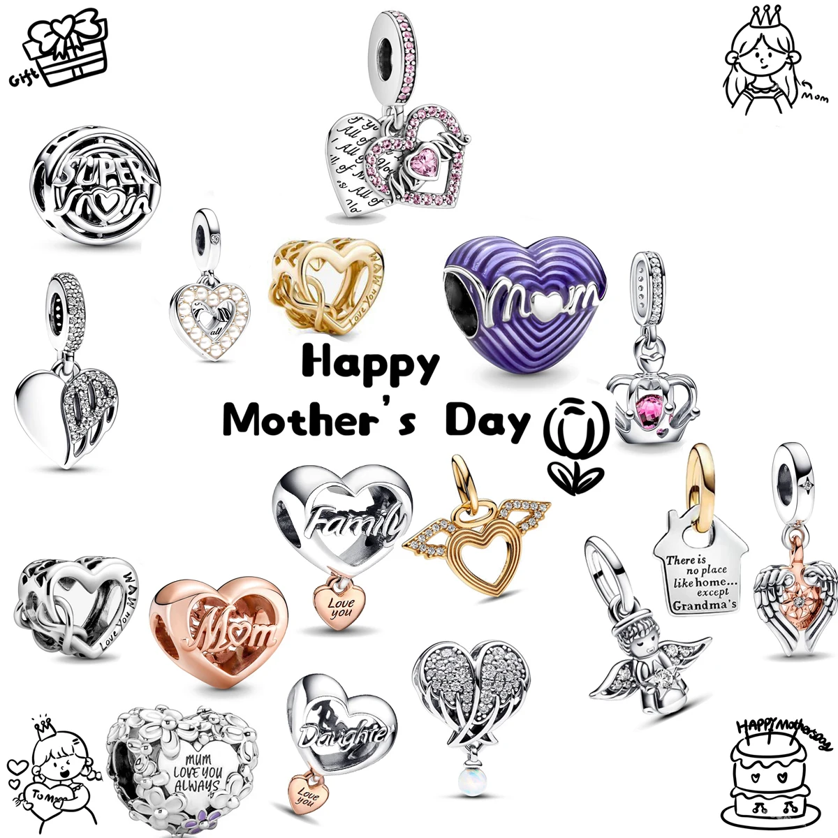 

Love Mother Daughter Heart Charms for Original 925 Charms Bracelet Trinket Silver Charm Bead for Mother's Day Gift Jewelry