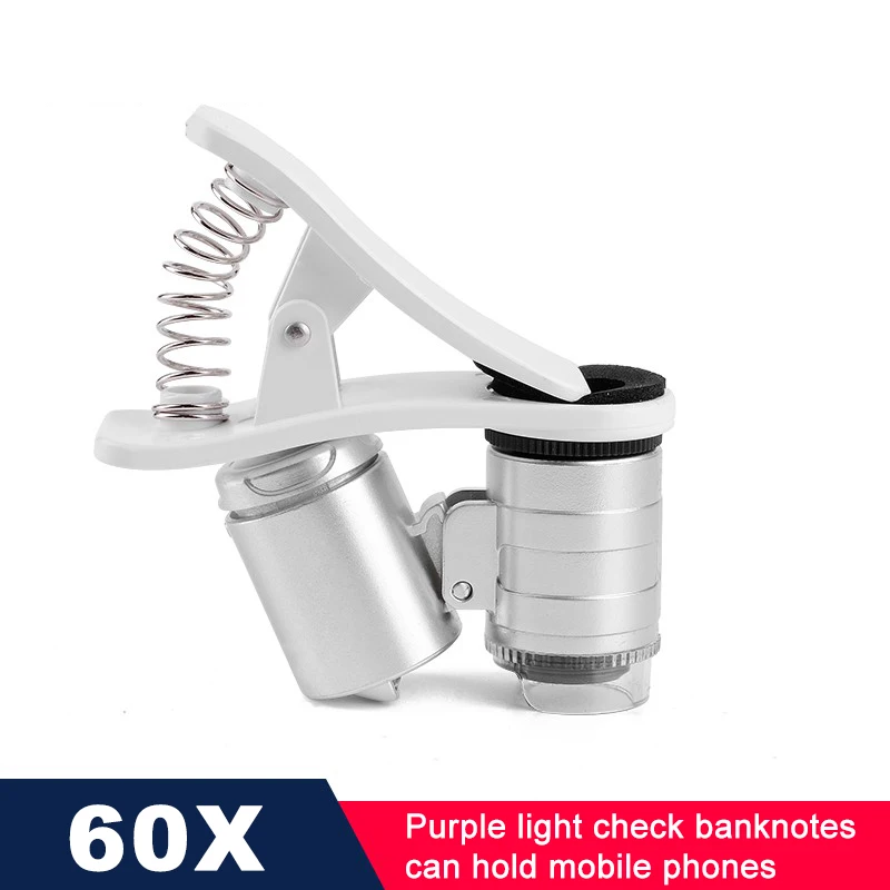 مكبر الهاتف المحمول 60x مع ضوء LED عالي الطاقة عالي الدقة لتحديد المجوهرات المحمولة مع مشبك الهاتف المحمول