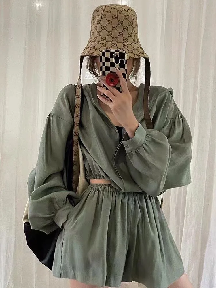 Conjunto F de Top com Manga Lanterninha e Calças Curtas de Perna Larga, Estilo Solto, Cintura Elástica, Versátil para ...