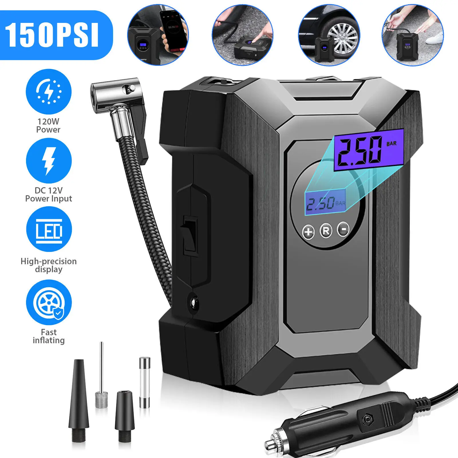 150PSI Electric Tire Inflator 12V Car Air Pump Compressor Auto-off w/LED Light