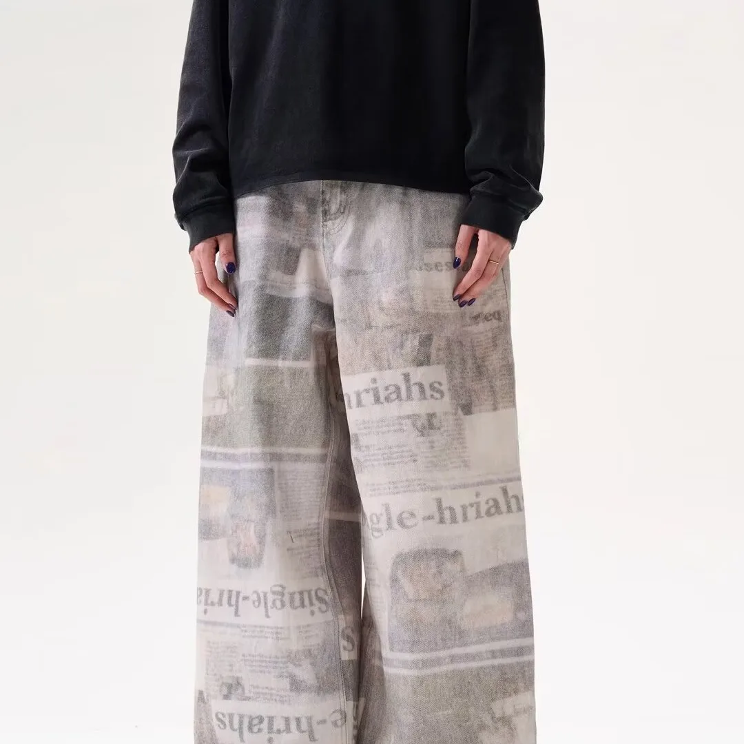 

American retro newspaper printing design sense jeans men's baggy style wide-leg casual long trousers trendy brand