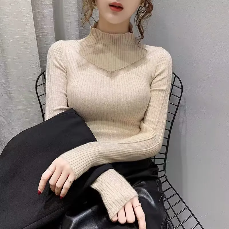 New Sexy V Mesh Splicing Knitted Sweater Autumn Winter Elasticity Slim Turtleneck Sweater Long Sleeve Office Lady Elegant Shirt