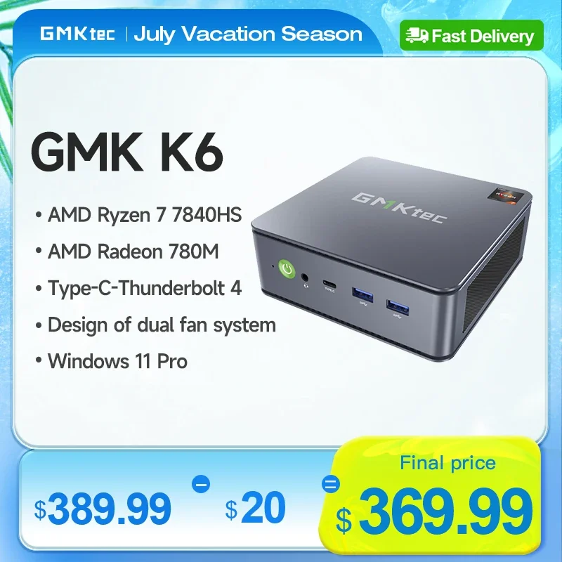 GMKtec Mini Pc GMK K6 AMD R7-7840HS NUCBOX Design of dual fan system Window 11 Pro AMD Radeon™ 780M T ype-C Thunderbolt 4.0