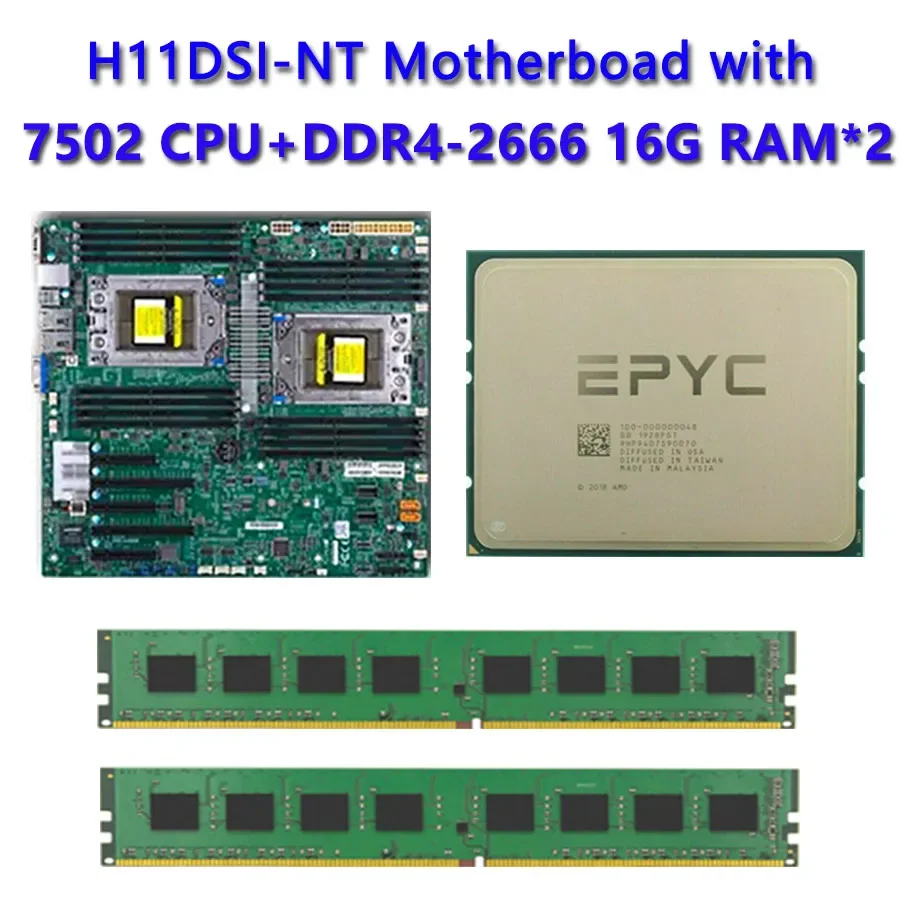 H11DSI-NT REV2.0 Motherboard Socket SP3  / 2* EPYC 7502 32c/64t 2.5GHz 180w CPU Processor  / 8*64GB = 512GB DDR4 3200mhz RAM Mem