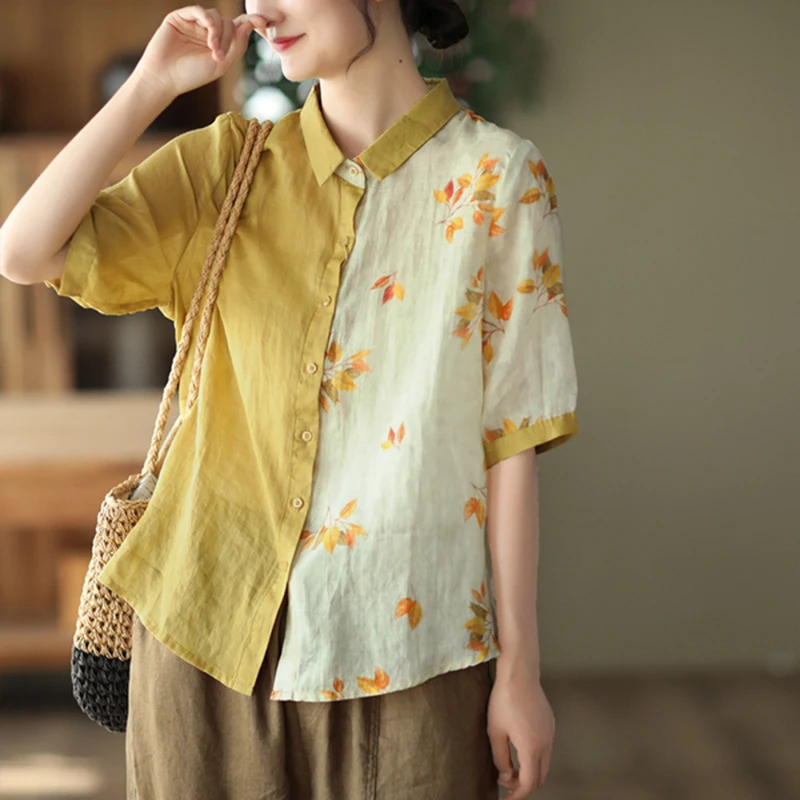 2022 frühling Sommer Kunst Stil Frauen Kurzarm Einreiher Casual Shirts Vintage Print Patchwork Baumwolle Leinen Bluse C518