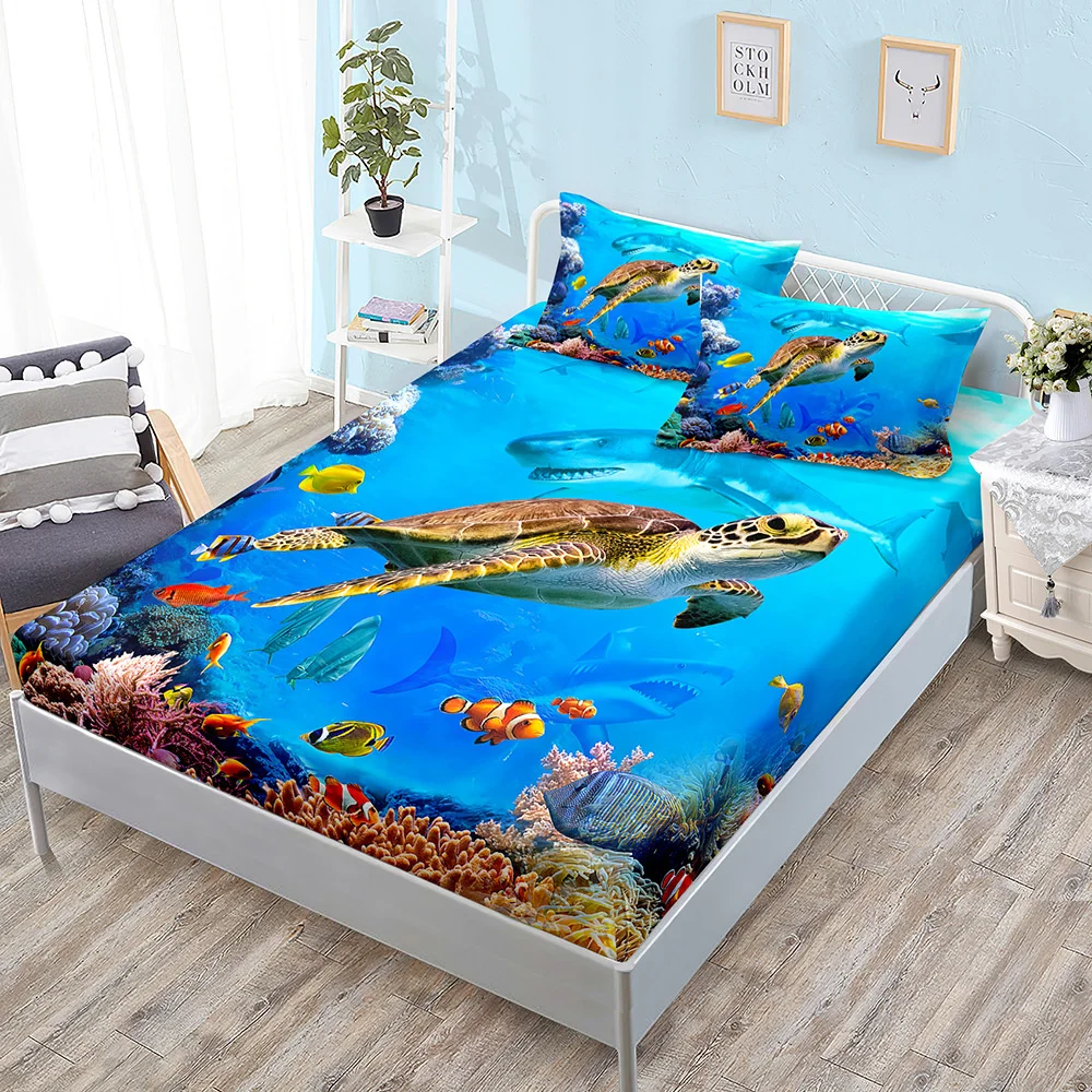 Ocean World Turtle Fitted Sheet Bed Mattress Protector Fashion Bedding Elastic Bed Sheets Kids Twin Full Queen King Bed Cover