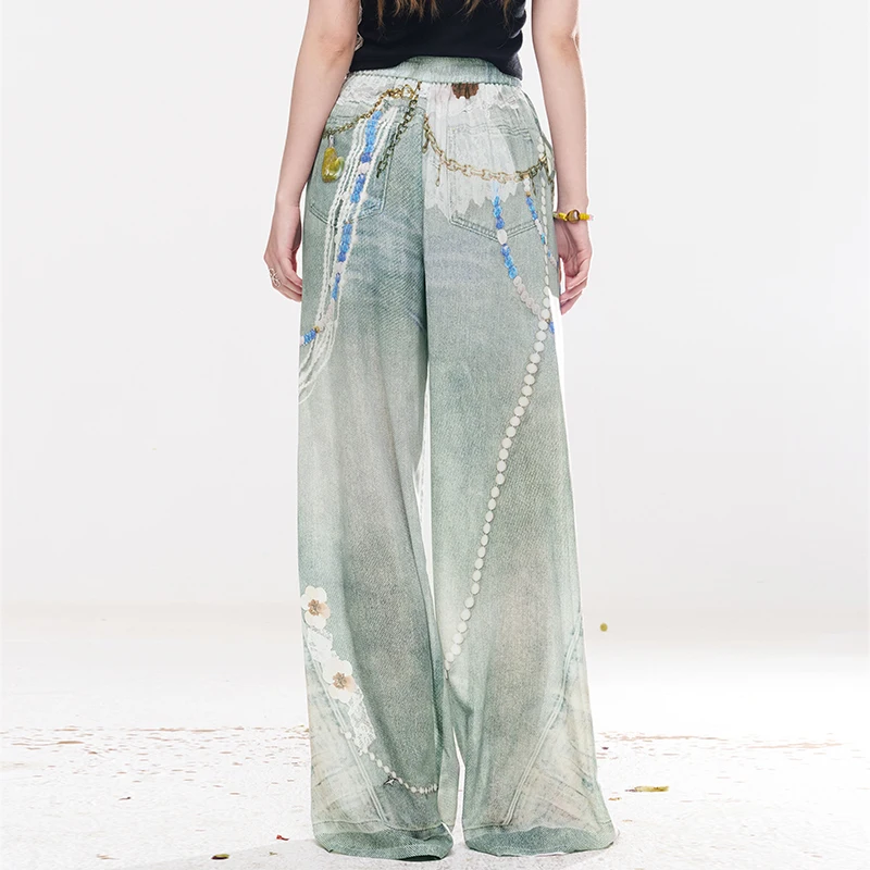 ELFSACK Women's Oriental Aesthetic Wide Leg Pants with Pearl Chain Print, Elegant Soft Gray Loose Trousers for Daily Wear