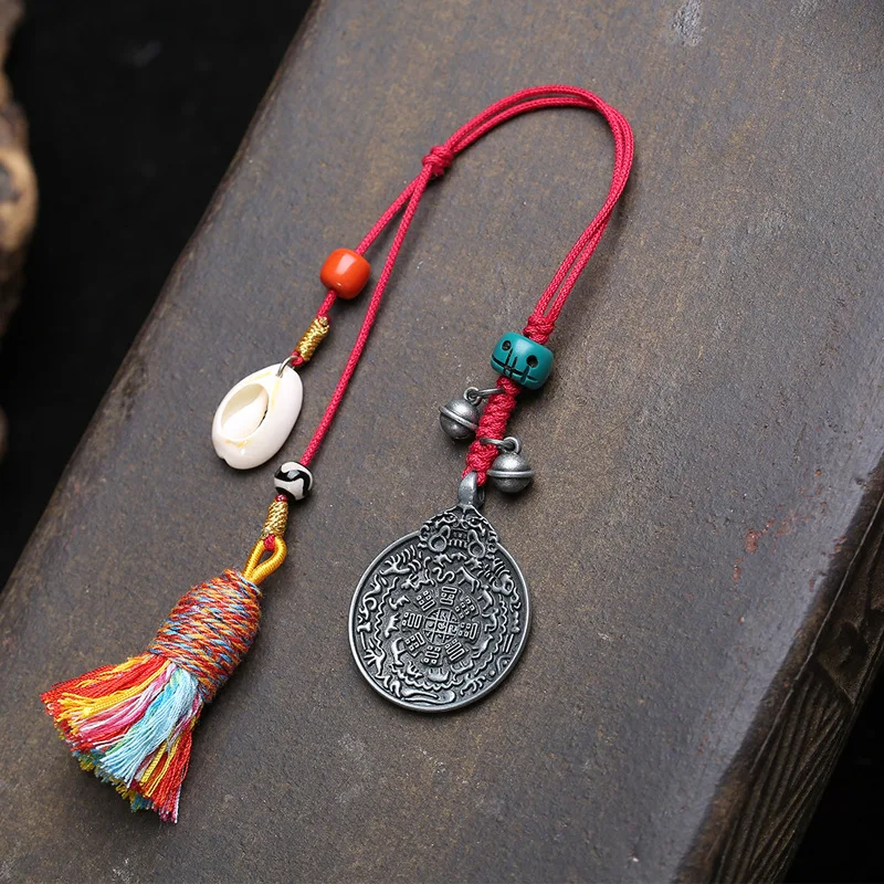 -style hand-woven rope , Tibetan silver twelve zodiac signs, nine palaces and eight trigrams pendant, tiger tooth