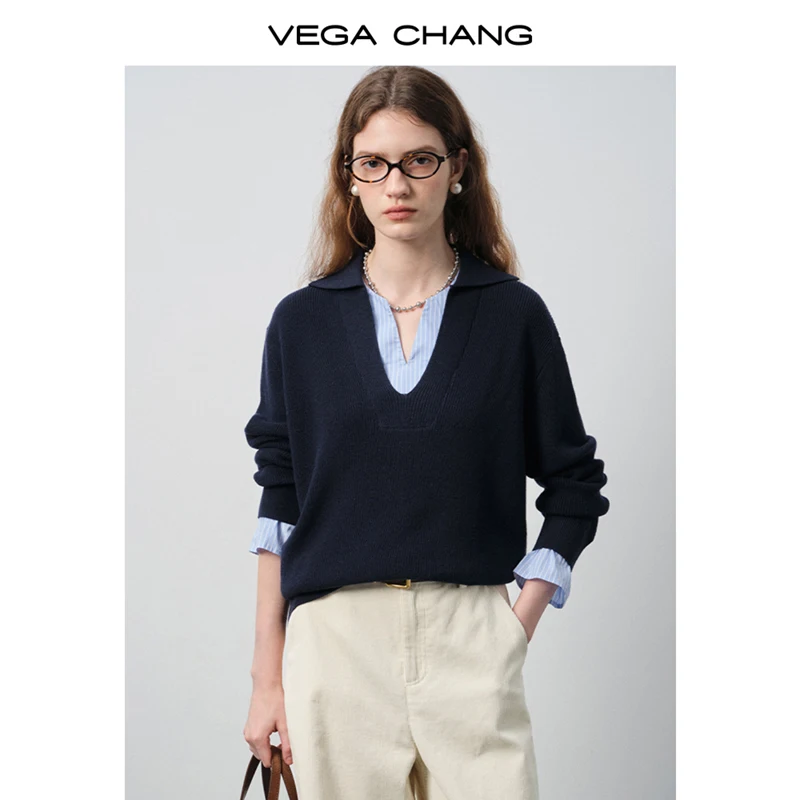 

Vega Chang Autumn and Winter New Women's Knitwear, Women's High-End Simple Commuter V-Neck Fake Two-Piece Top