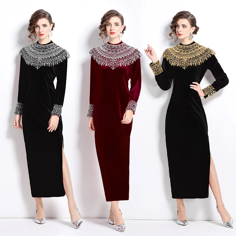 S-3XL Nieuwe 2024 Herfst Winter Kralen Diamanten Fluwelen Party Lange Jurk Franse Vrouwen Lange Mouw Losse Split Velours Gewaad vestidos