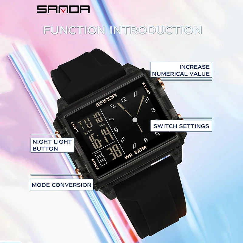SANDAファッション メンズ レディース 電子アナログ腕時計 新型スクエアダイヤル カウントダウンタイマー 防水腕時計 LED発光デジタル メンズ腕時計