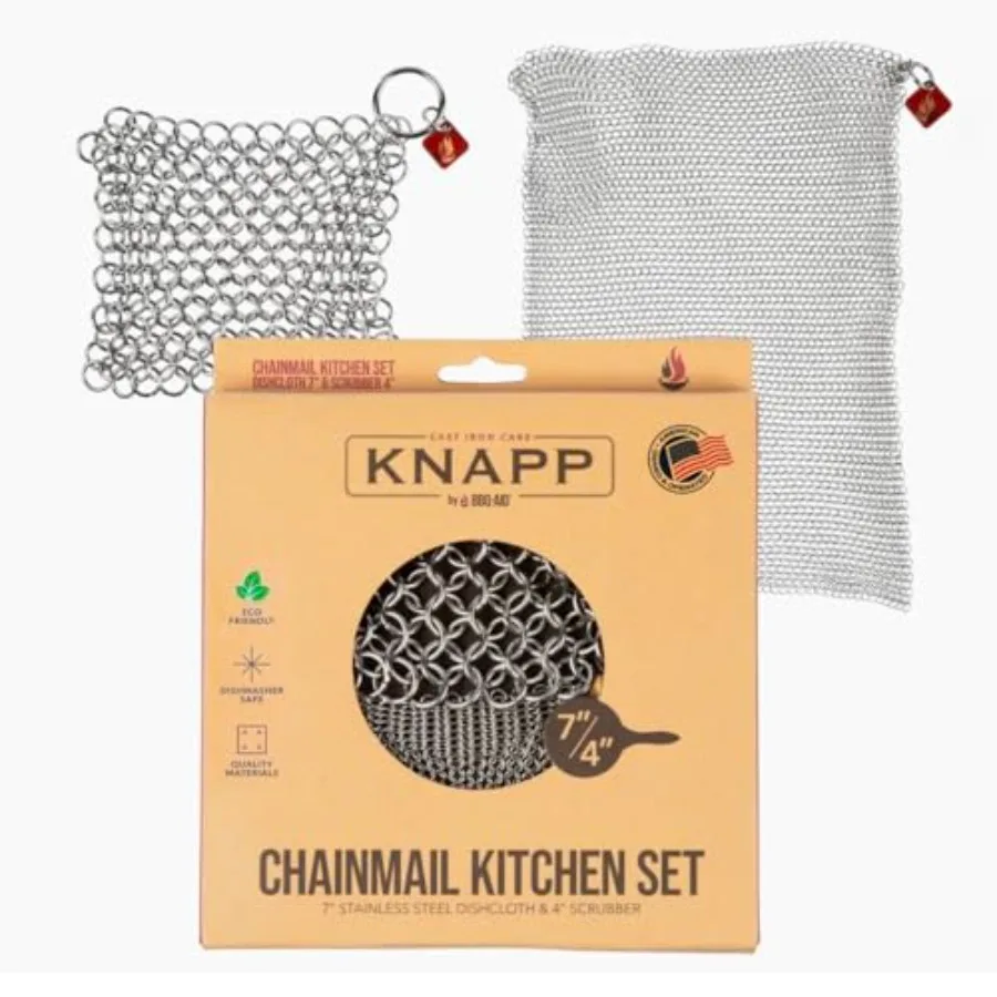 

Knapp Made Cast Iron Chainmail Scrubber Kitchen Set - 4" and 7" Sizes. Premium Stainless Steel Cleaner for Your Finest Pots, Pa