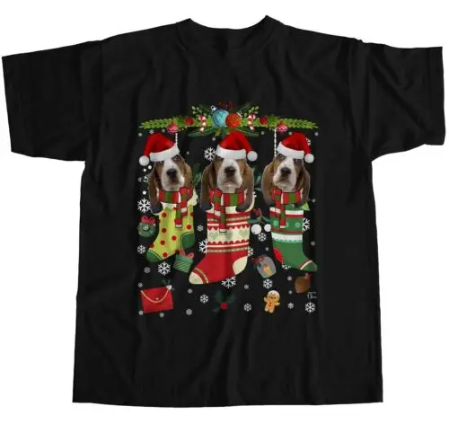 Polarshe 1Tee Womens Loose Fit Christmas Stockings Adorable Basset Hound Dogs T-Shirt