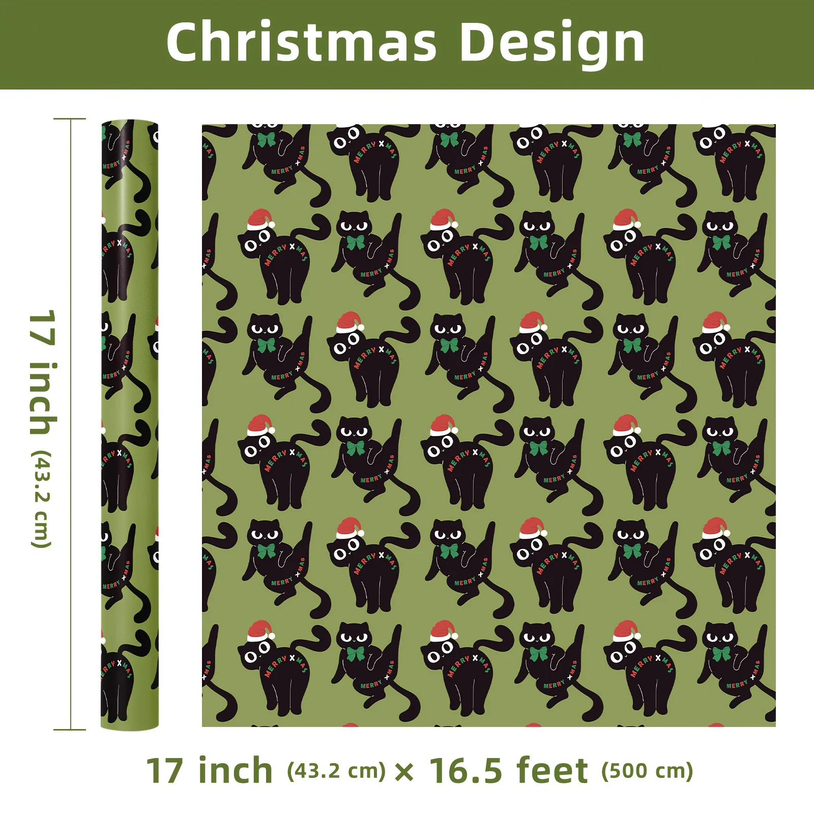 1 Roll of Green Christmas Cat Gift Wrapping Paper, Black Cat with a Christmas Hat and 