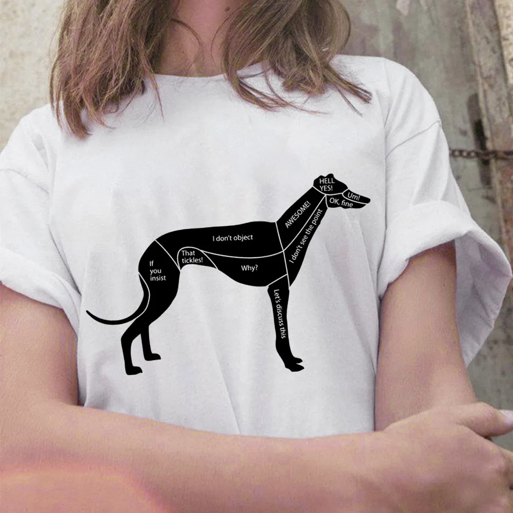 Sommer weiß runde Harajuku weibliche T-Shirt Hund gedruckt T-Shirt für Frauen Kurzarm Windhund minimalist ischen Zitate drucken