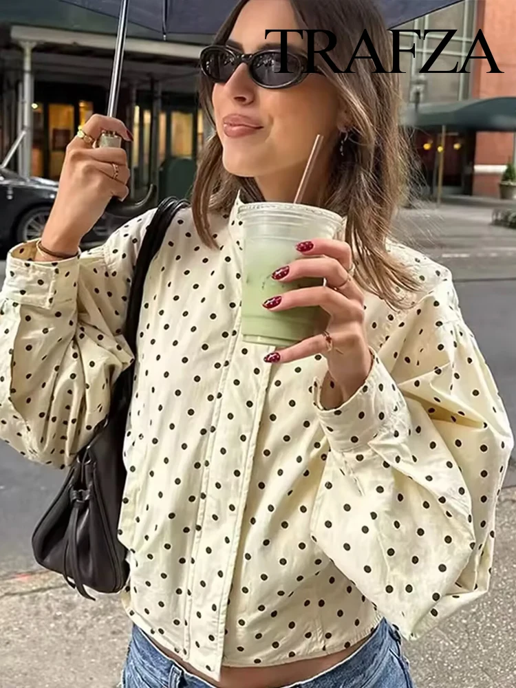 

HH 2025 Women's Autumn Zipper Button Polka Dot Print Design Short Jacket Woman Pocket Long-Sleeved Casual Coat Mujer