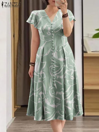 Imagen 2 del producto ZANZEA-vestido veraniego por debajo de la rodilla para mujer, elegante, con cuello de pico, manga corta, estampado Floral, informal, con botones, estilo bohemio, para vacaciones
