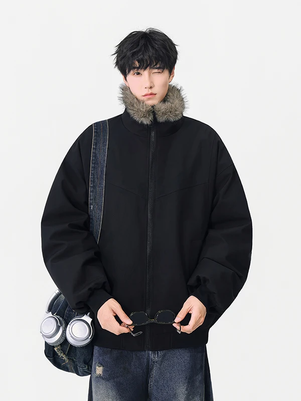 Men's Thiened Faux Fur Collar Cotton Jaet Winter Sli American Retro Fce Lined Quilted Coat Youth Casual Zipper Clo...