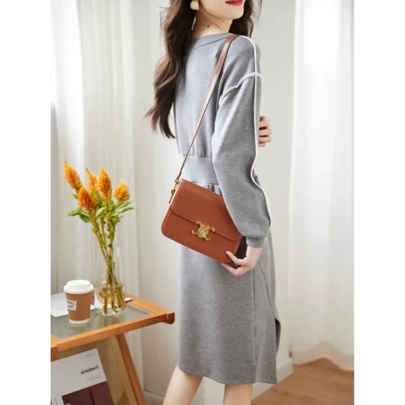 Fashionable versatile dress, age reducing casual mid length style with a slim waist and V-neck, women's autumn and winter styles