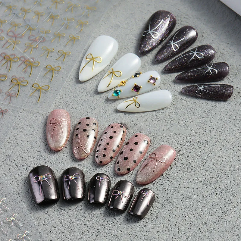 8 szt. Naklejek na paznokcie z kokardkami w różnych kolorach Y2K Czerwony Czarny Różowy 3D Urocze Kokardki Złoty Efekt Laserowy Ozdoby do Manicure ZJT12