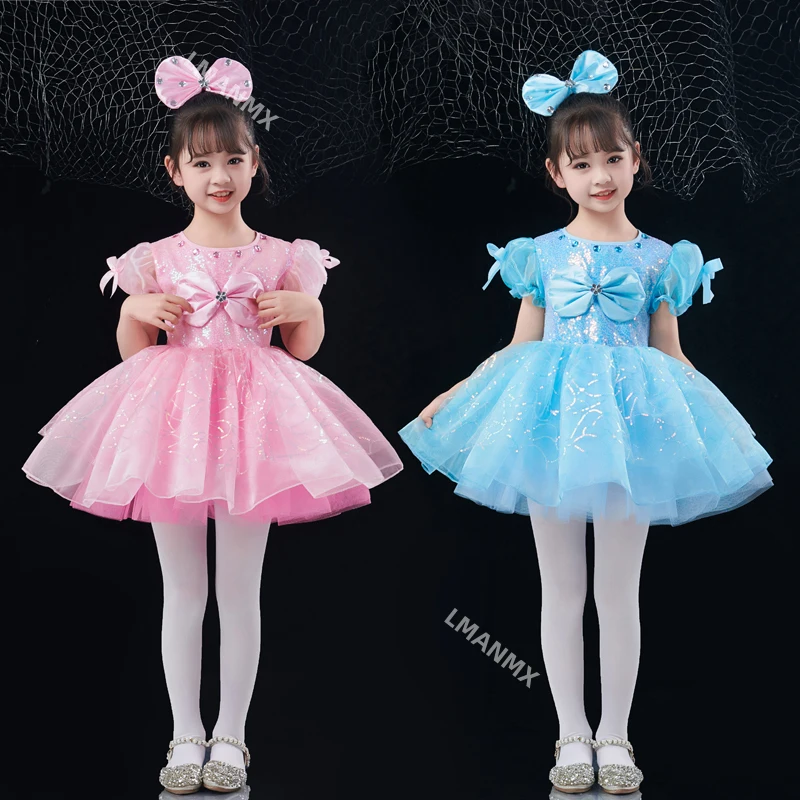 

Новый детский костюм для выступлений, пышная газовая юбка для девочек с пайетками, милая юбка принцессы, танцевальный костюм