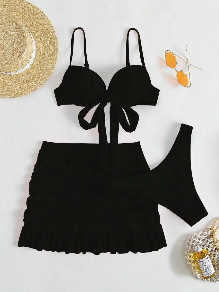 

Pink Solid Knot Front Push Up Bikini Set High Cut Bottom Ruched Skirt 3 Piece Beach Swimwear
