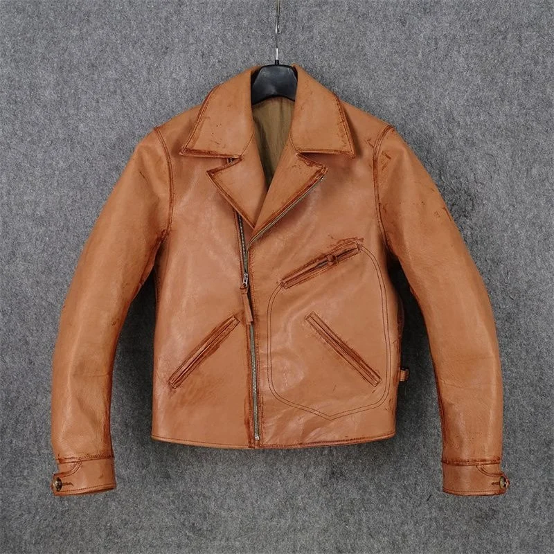 

leather 100% genuine fur coat men jacketSuper fun! Primary color rubbing hard horsehide stiff locomotive butcher price