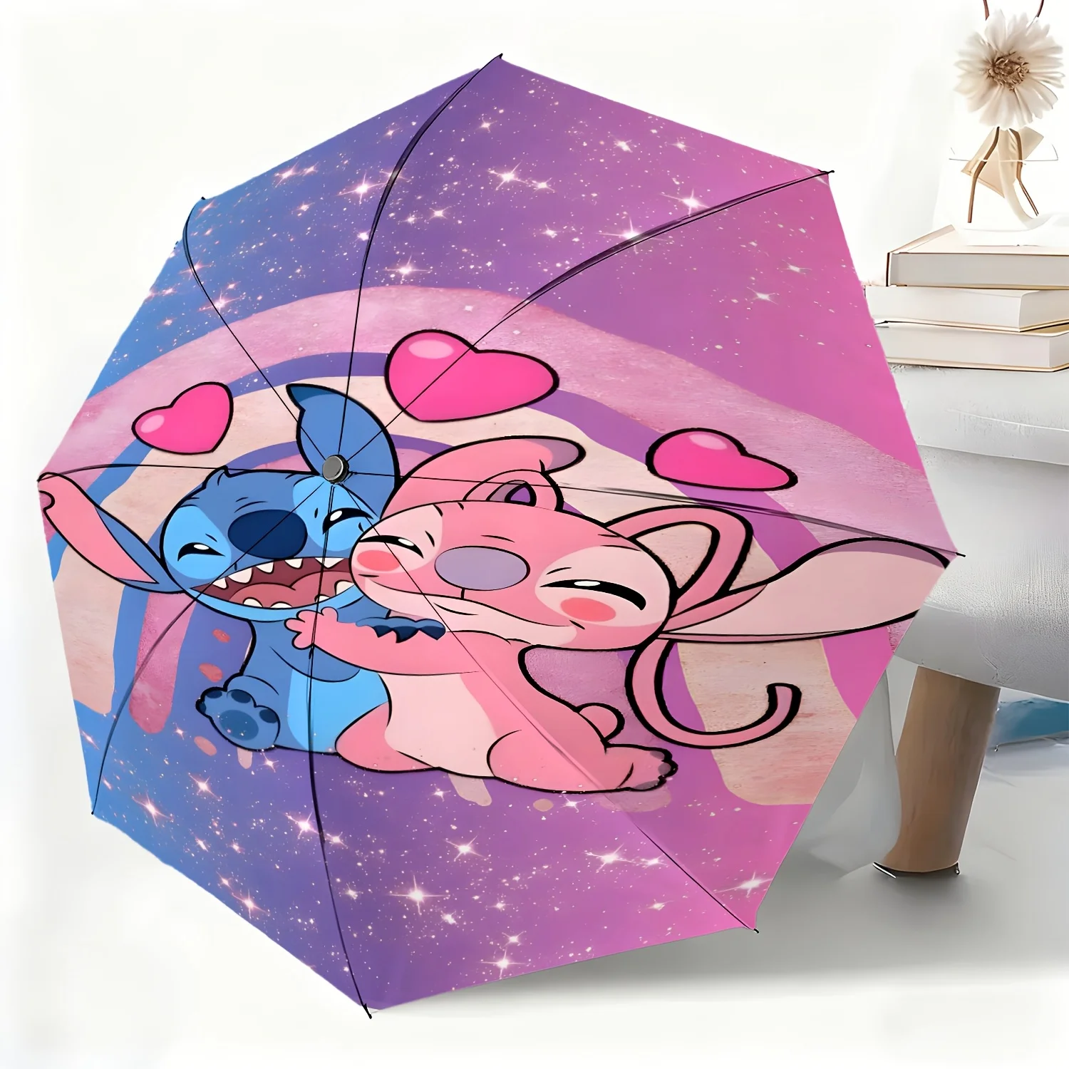 

1pc Disney Stitch Angel Cartoon Automatic Umbrella, All-Occasion Dual-Purpose Umbrella for Rain or Shine, Portable Folding Umb