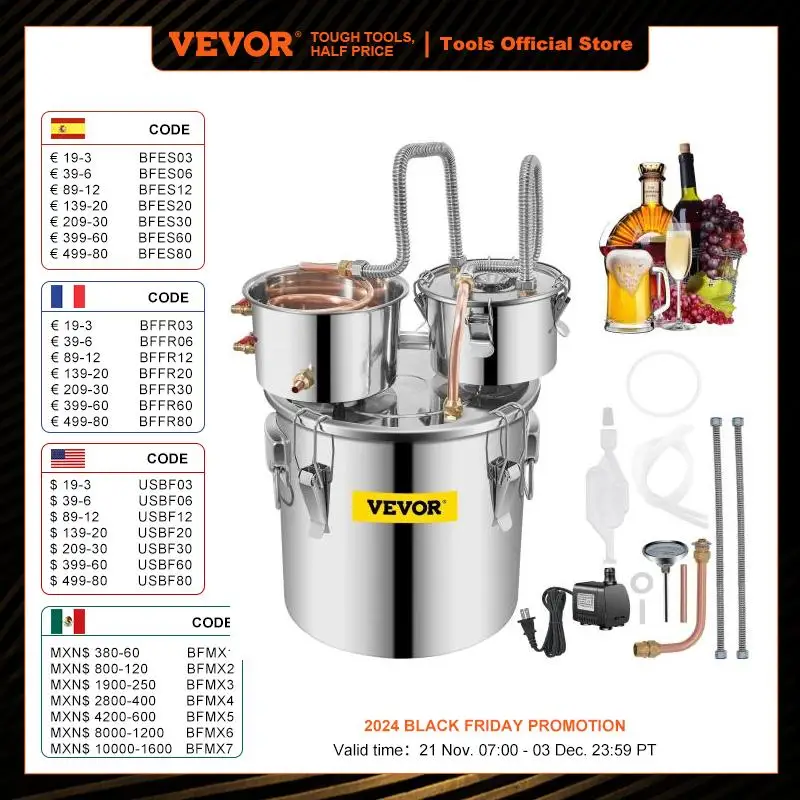 VEVOR 12L 20L 30L Alcohol Distiller Machine Beer Brewing Equipment DIY Wine Moonshine Apparatus Dispenser Kit for Home Appliance