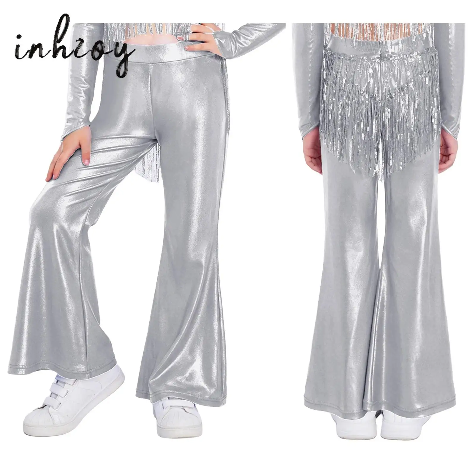 

Kids Girls 70s 80s Disco Dance Hippie Pants Elastic Waist Bell Bottoms Flared Pants Latin Ballet Ballroom Performance Costume