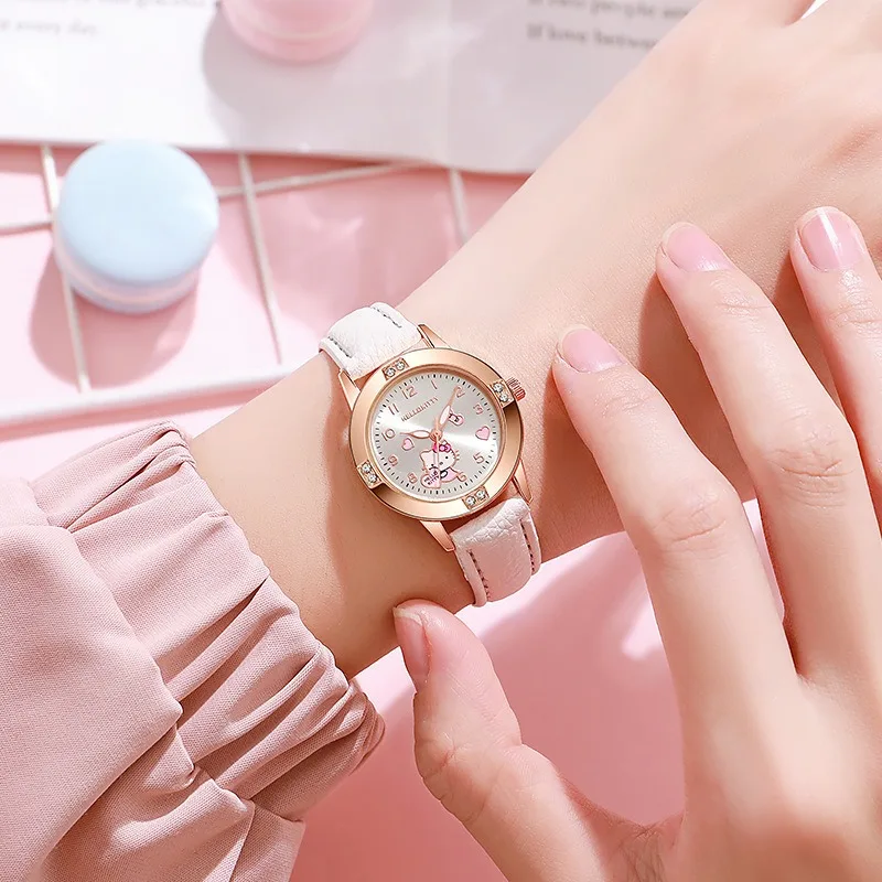 

Часы Sanrio с кожаным ремешком цвета розового золота и бриллиантами для девочек-подростков, студенток и женщин, кварцевые наручные часы оптом