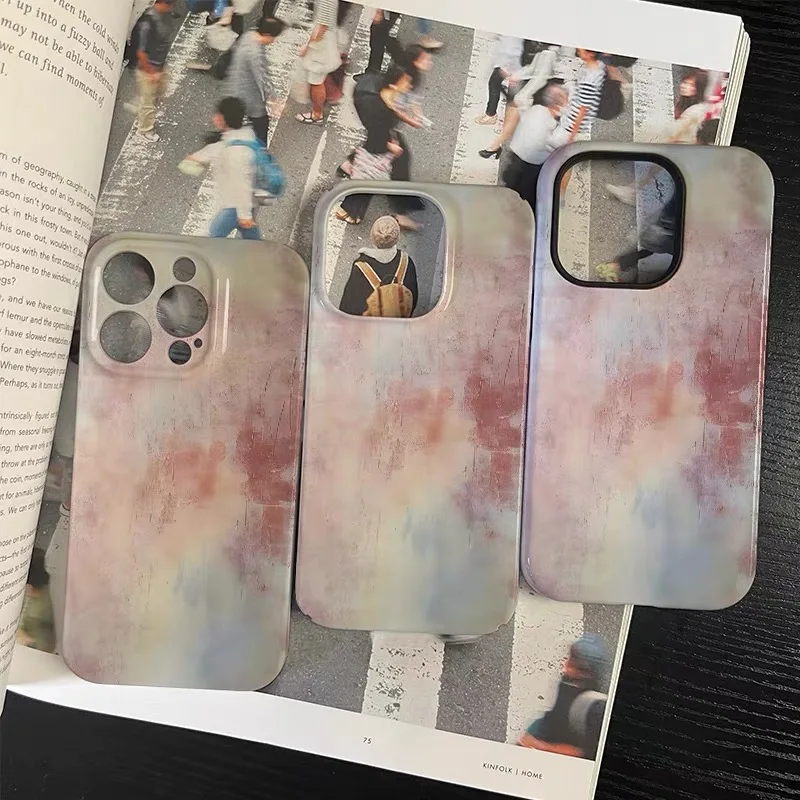 ins Korean Pink Smoke Gradient Art Case for IPhone 16E 15 14 13 Pro Max 12 13 Mini 11 Pro 16 Plus XR Shockproof Ultra Thin Cover