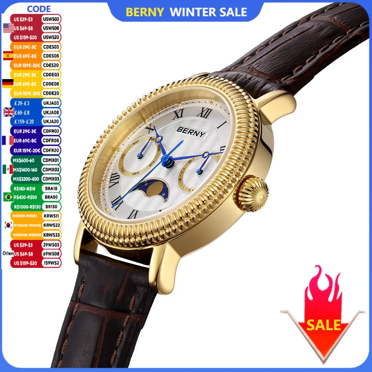 BERNY Watches for Women Week Calendar Sapphire Luxury Dress Ladies Gold Quartz Watch Elegant Vintage Moon Phase Wristwatch Gifts