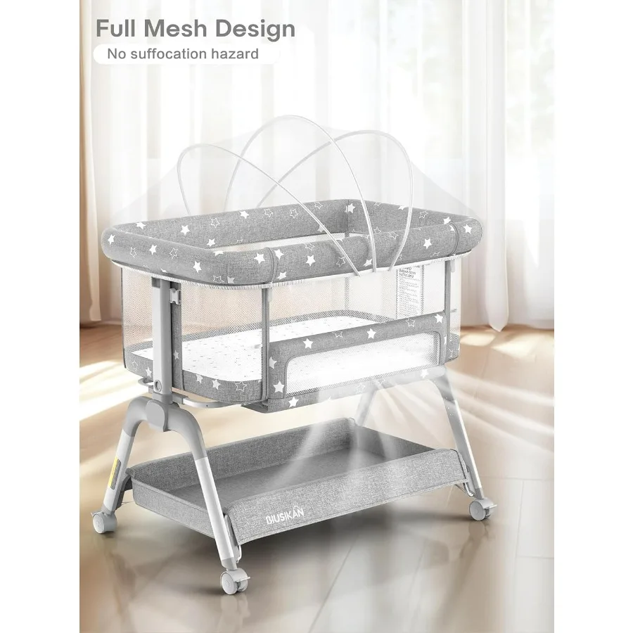 Berço portátil de cabeceira para recém-nascidos, com altura ajustável, design AllMesh, rodas de rolamento suave atualizadas, CoSleeping C
