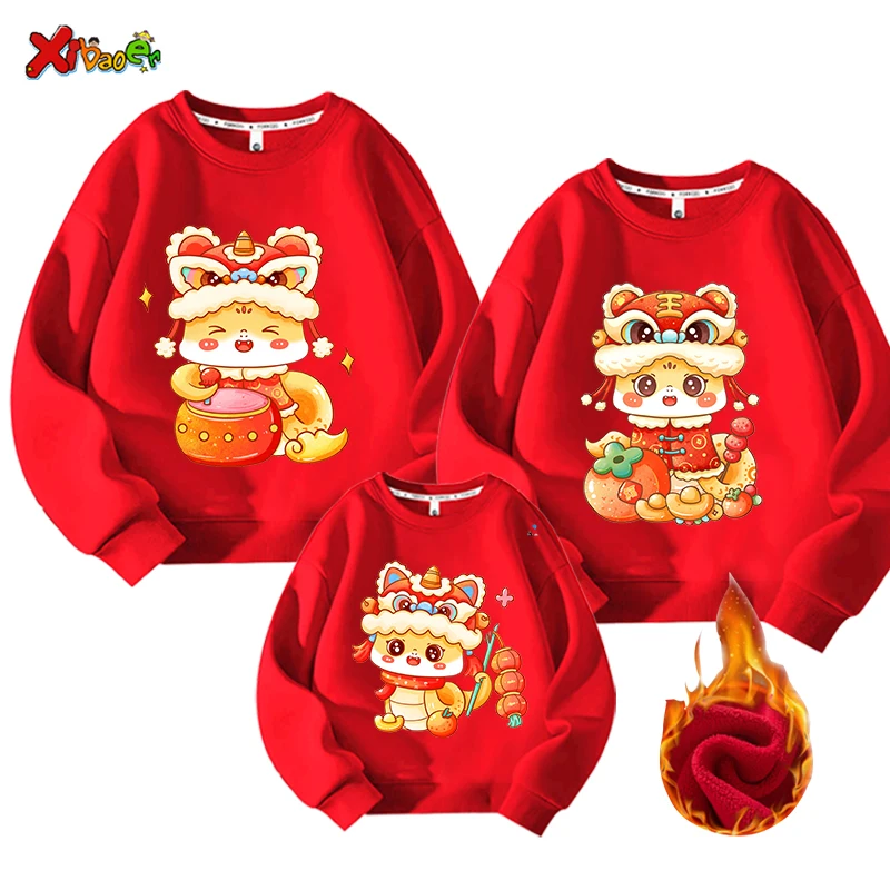 

Happy New Year Clothes Family Sweatshirt Matching Outfits Warm Winter Kids Pullover Outfit Hoodie Sweater Chinese Year Clothing