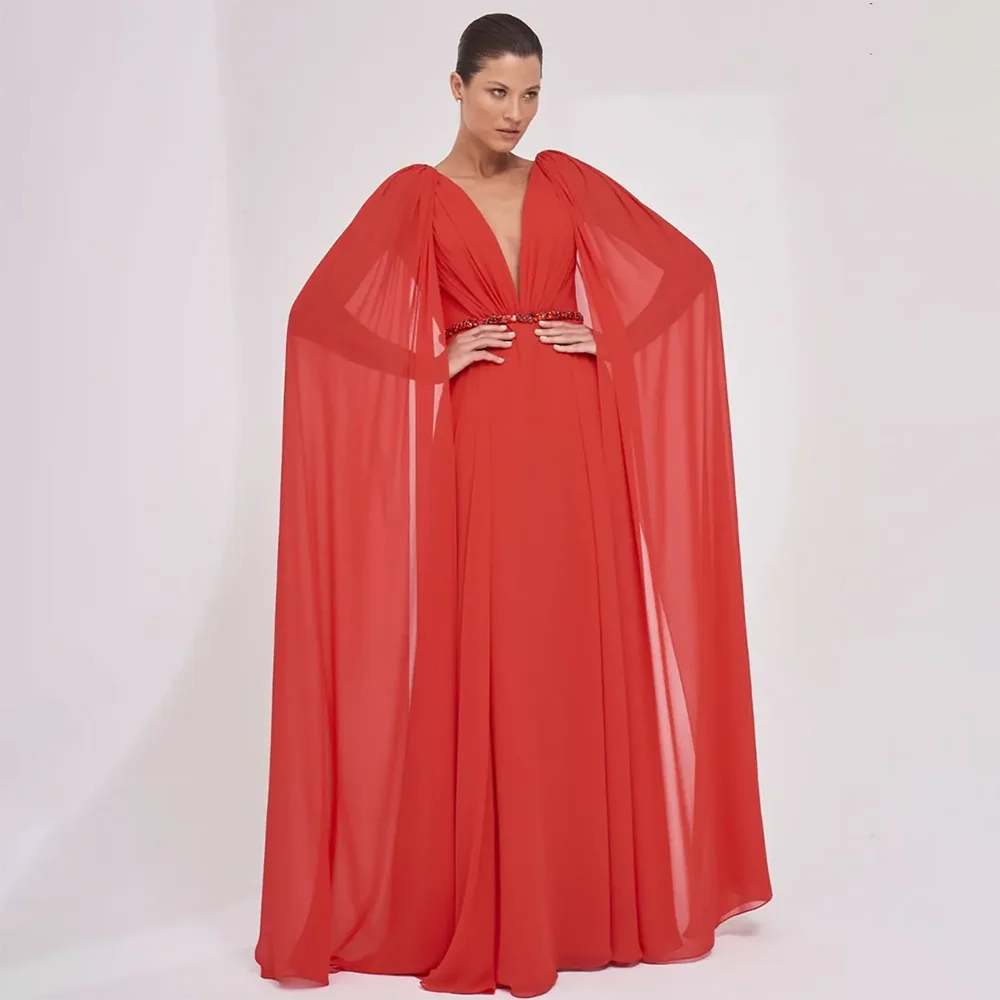 

New Vintage Long Chiffon Red Prom Dresses With Cape A-Line Floor Length Pleats Formal Party Evening Dress Saudi Arabia