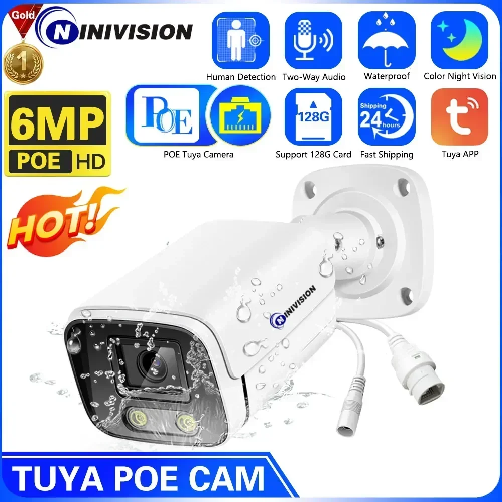 

6MP P2P Tuya Smart Life Support 128G TF Card Human Detection Network Bullet POE IP Outdoor CCTV Surveillance Cameras Metal Shell