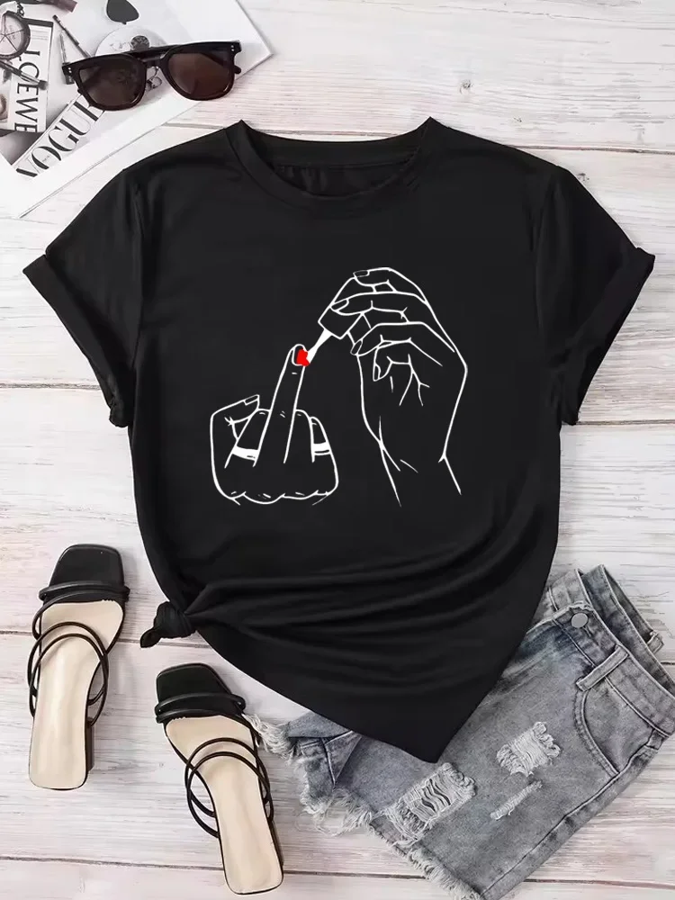 

Women Middle Finger Nail Polish Prints T Shirt Summer Comfortable Soft Short Sleeve O-Neck Tops Casual Female Clothes