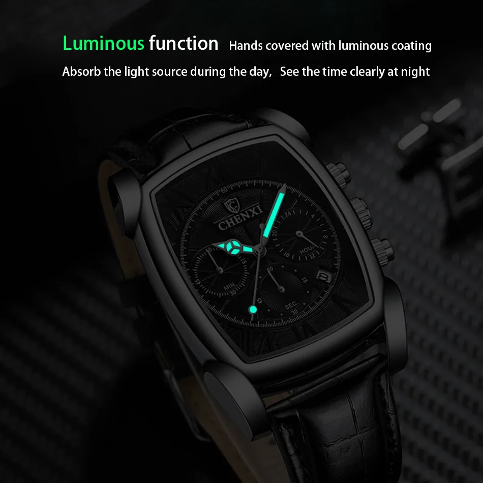 Chenxi Rectangle Dress Watches Men Chronograph Leather Casual Unique Antique Business Male Wristwatch Waterproof Auto Date Hour