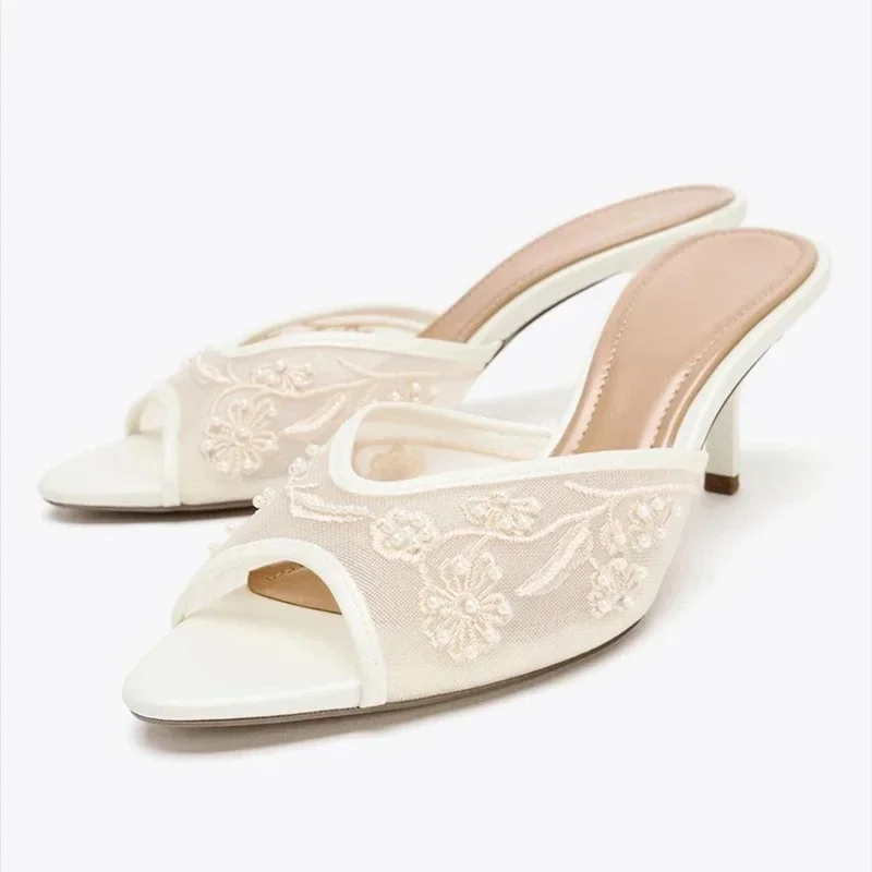 

Novelty Embroidery String Bead Decorative Heeled Slippers Sexy Pointed Toe Open Toe Mesh Slide Sandals Elegant Dress Party Shoes