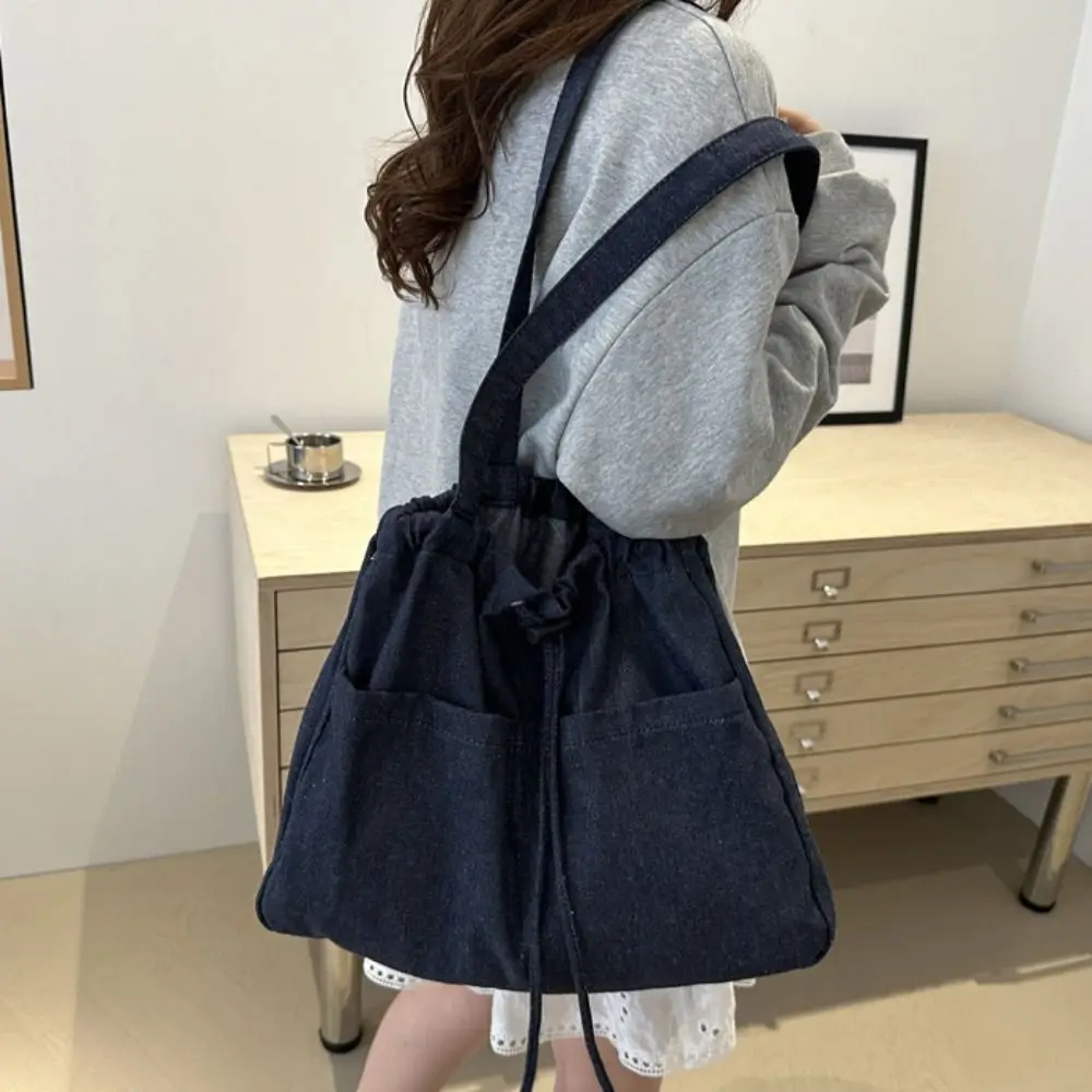 Simple Large Capacity Oxford Drawstring Shoulder Bag Leisure All-match Denim Tote Bag Casual Cowboy Canvas Bucket Bag Outdoor