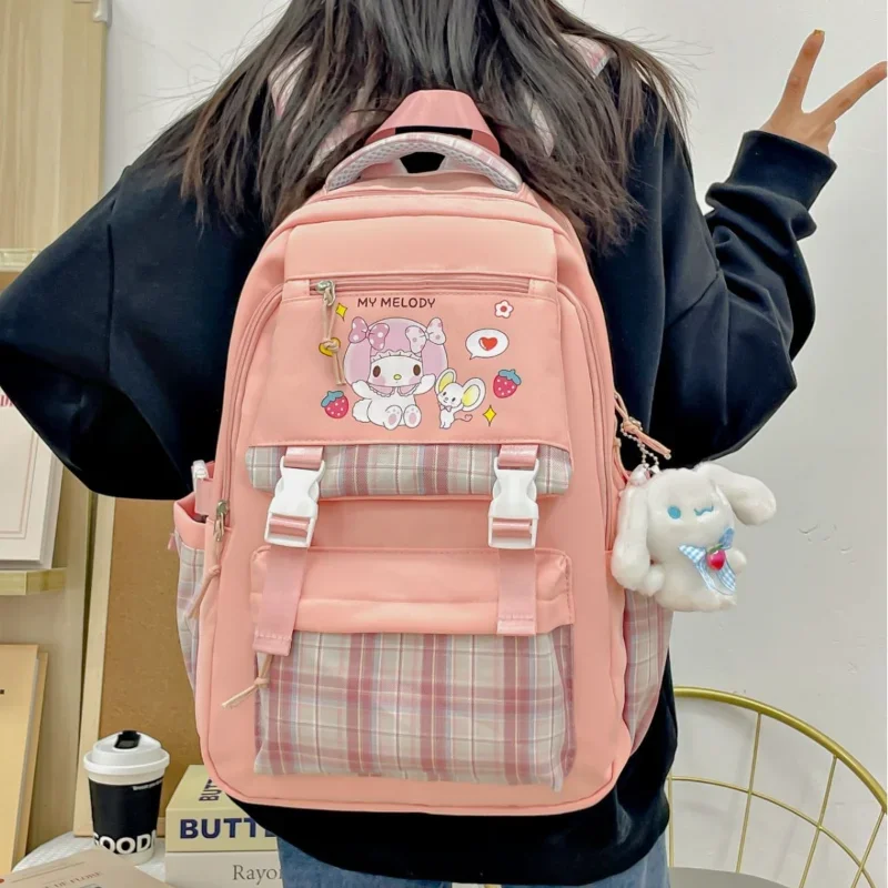 Sanrio Kulomie Printed Air Cushion Strap Student School Bag Melody Large Capacity Plaid Children's Burden Reduction Backpack