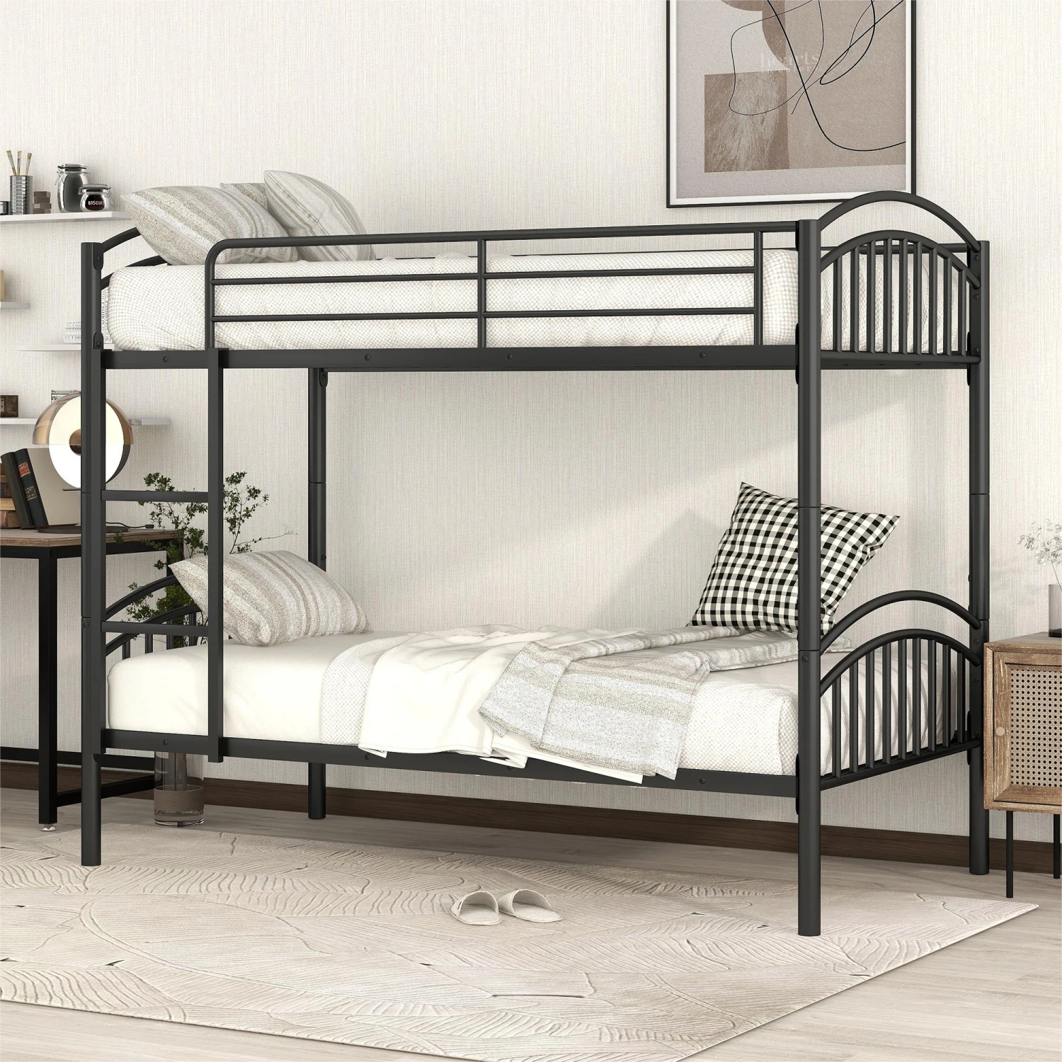 Twin Over Twin Metal Bunk Bed,Divided into Two Beds(Black){OLD SKU MF280424AAB}